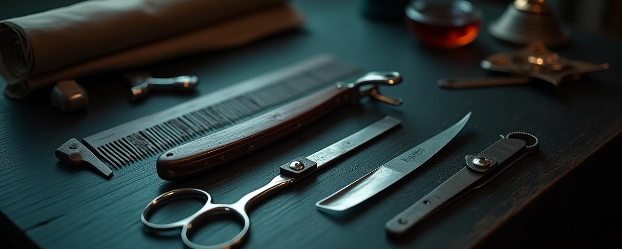 Strumenti da barbiere vintage disposti con cura calligrafica